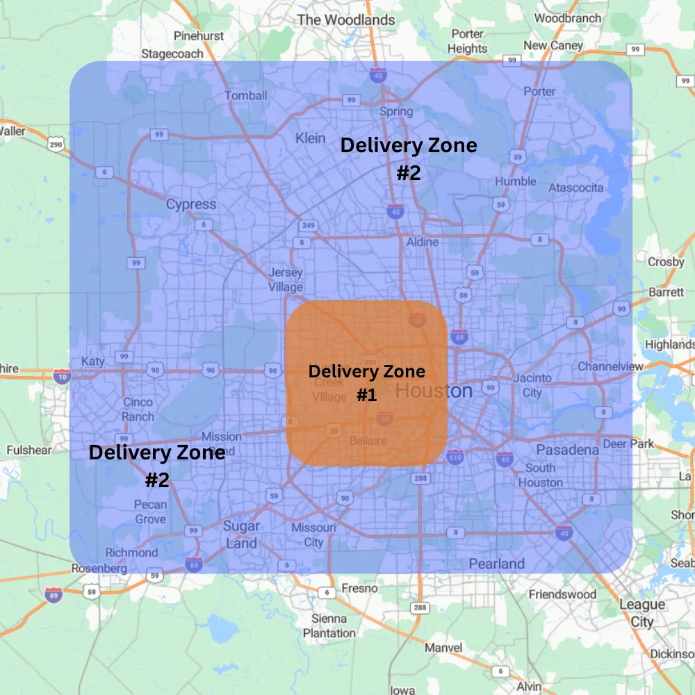 Map of the West Pumpkin Bros delivery zones around Houston, with Zone 1 in rust orange and Zone 2 in blue