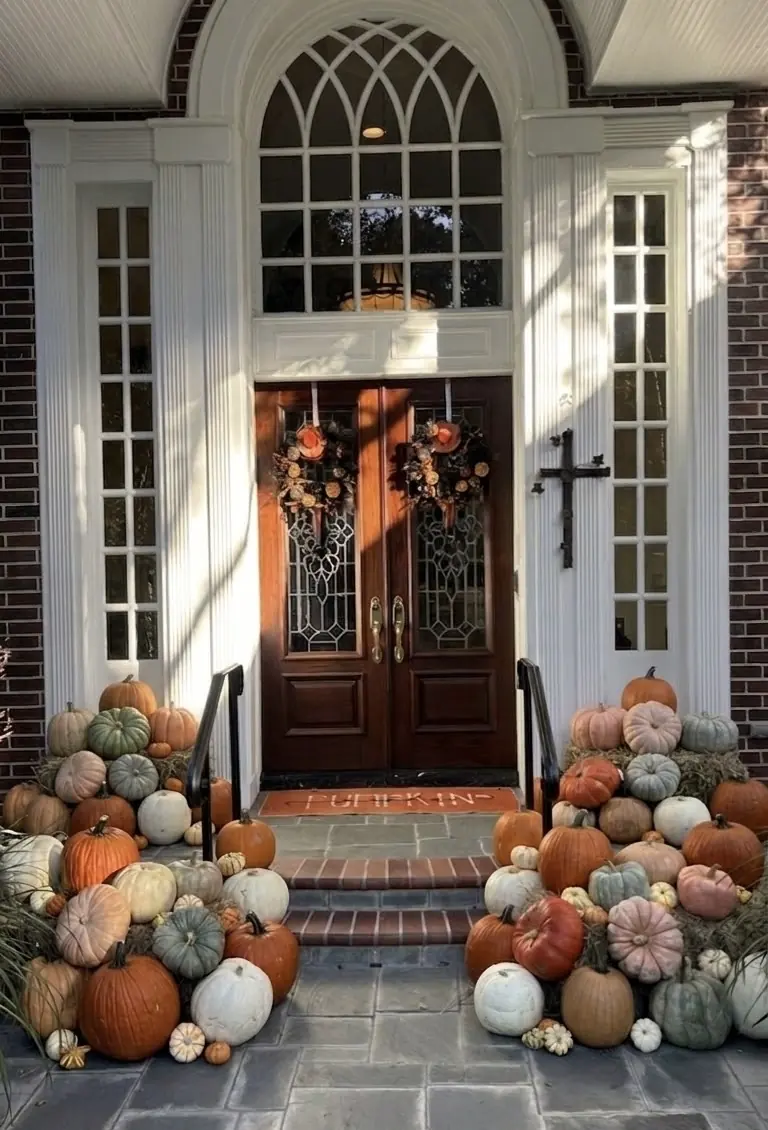 A styled Large pumpkin display on a front porch.