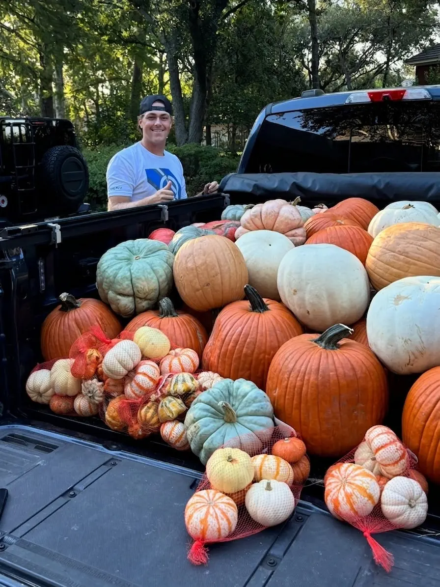 A styled Mega pumpkin display on a front porch.